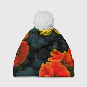 Шапка 3D c помпоном с принтом Flower Spring в Петрозаводске, 100% полиэстер | универсальный размер, печать по всей поверхности изделия | 