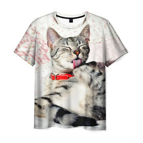 Мужская футболка 3D с принтом Кошка в Петрозаводске, 100% полиэфир | прямой крой, круглый вырез горловины, длина до линии бедер | cat | collar | heel | licking | lying | red | striped | кошка | красный | лежит | лижет | ошейник | полосатая | пятка