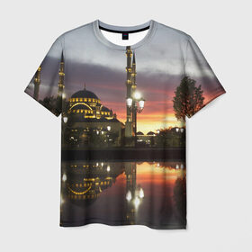 Мужская футболка 3D с принтом Мечеть в Грозном в Петрозаводске, 100% полиэфир | прямой крой, круглый вырез горловины, длина до линии бедер | вода | город | грозный | закат | ичкерия | кааба | мечеть | огни | пейзаж | святилище | столица | фонтан | храм | чечня