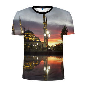 Мужская футболка 3D спортивная с принтом Мечеть в Грозном в Петрозаводске, 100% полиэстер с улучшенными характеристиками | приталенный силуэт, круглая горловина, широкие плечи, сужается к линии бедра | вода | город | грозный | закат | ичкерия | кааба | мечеть | огни | пейзаж | святилище | столица | фонтан | храм | чечня