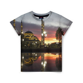 Детская футболка 3D с принтом Мечеть в Грозном в Петрозаводске, 100% гипоаллергенный полиэфир | прямой крой, круглый вырез горловины, длина до линии бедер, чуть спущенное плечо, ткань немного тянется | вода | город | грозный | закат | ичкерия | кааба | мечеть | огни | пейзаж | святилище | столица | фонтан | храм | чечня