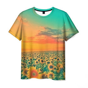 Мужская футболка 3D с принтом Подсолнух в Петрозаводске, 100% полиэфир | прямой крой, круглый вырез горловины, длина до линии бедер | Тематика изображения на принте: flower | лето | поле | полевой цветок | природа | цветочки | цветы