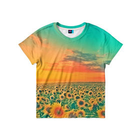 Детская футболка 3D с принтом Подсолнух в Петрозаводске, 100% гипоаллергенный полиэфир | прямой крой, круглый вырез горловины, длина до линии бедер, чуть спущенное плечо, ткань немного тянется | flower | лето | поле | полевой цветок | природа | цветочки | цветы