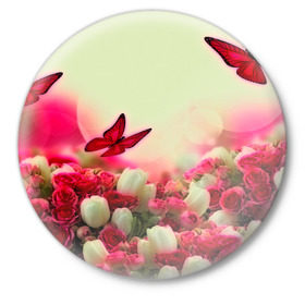 Значок с принтом Весна и бабочки в Петрозаводске,  металл | круглая форма, металлическая застежка в виде булавки | Тематика изображения на принте: flower | цветы