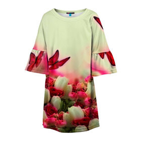 Детское платье 3D с принтом Весна и бабочки в Петрозаводске, 100% полиэстер | прямой силуэт, чуть расширенный к низу. Круглая горловина, на рукавах — воланы | flower | цветы