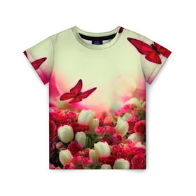 Детская футболка 3D с принтом Весна и бабочки в Петрозаводске, 100% гипоаллергенный полиэфир | прямой крой, круглый вырез горловины, длина до линии бедер, чуть спущенное плечо, ткань немного тянется | Тематика изображения на принте: flower | цветы