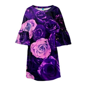 Детское платье 3D с принтом Фиолетовые розы в Петрозаводске, 100% полиэстер | прямой силуэт, чуть расширенный к низу. Круглая горловина, на рукавах — воланы | flower | прикцветочки | розы | цветы