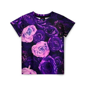Детская футболка 3D с принтом Фиолетовые розы в Петрозаводске, 100% гипоаллергенный полиэфир | прямой крой, круглый вырез горловины, длина до линии бедер, чуть спущенное плечо, ткань немного тянется | flower | прикцветочки | розы | цветы