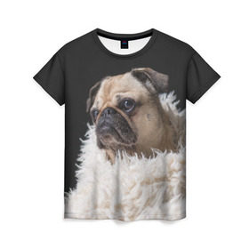 Женская футболка 3D с принтом Мопс в Петрозаводске, 100% полиэфир ( синтетическое хлопкоподобное полотно) | прямой крой, круглый вырез горловины, длина до линии бедер | бульдог | мопс | мопсик | мопсы | пес | песик | песики | собака | собаки | собачка