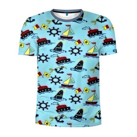 Мужская футболка 3D спортивная с принтом Кораблик в Петрозаводске, 100% полиэстер с улучшенными характеристиками | приталенный силуэт, круглая горловина, широкие плечи, сужается к линии бедра | navy blue | абстракции | белый | брызги | волны | дельфин | кораблик | красный | маяк | минимализм | морская тема | спасательный круг | темно синий | якорь