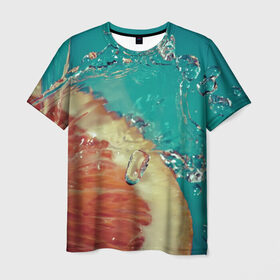 Мужская футболка 3D с принтом Грейпфрут в воде в Петрозаводске, 100% полиэфир | прямой крой, круглый вырез горловины, длина до линии бедер | аппетитный | вода | грейпфрут | еда | красный | мокрый | пампельмус | помело | струя | цитрус | цитрусовые