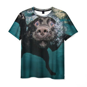 Мужская футболка 3D с принтом Пес дайвер в Петрозаводске, 100% полиэфир | прямой крой, круглый вырез горловины, длина до линии бедер | вода | гребет | дайвер | животное | купается | лапы | нос | пес | плавец | плывет | под водой | прикольный | пузыри | смешной | собака | щенок