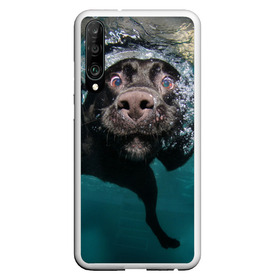 Чехол для Honor P30 с принтом Пес дайвер в Петрозаводске, Силикон | Область печати: задняя сторона чехла, без боковых панелей | вода | гребет | дайвер | животное | купается | лапы | нос | пес | плавец | плывет | под водой | прикольный | пузыри | смешной | собака | щенок