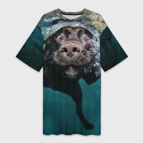 Платье-футболка 3D с принтом Пес дайвер в Петрозаводске,  |  | вода | гребет | дайвер | животное | купается | лапы | нос | пес | плавец | плывет | под водой | прикольный | пузыри | смешной | собака | щенок