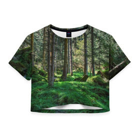 Женская футболка 3D укороченная с принтом Темный лес в Петрозаводске, 100% полиэстер | круглая горловина, длина футболки до линии талии, рукава с отворотами | бор | деревья | ель | ельник | заповедник | камни | красивый | лес | лето | мох | мрачный | прекрасный | природа | флора | чудесный