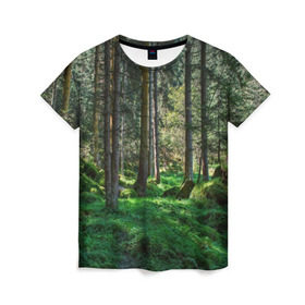 Женская футболка 3D с принтом Темный лес в Петрозаводске, 100% полиэфир ( синтетическое хлопкоподобное полотно) | прямой крой, круглый вырез горловины, длина до линии бедер | бор | деревья | ель | ельник | заповедник | камни | красивый | лес | лето | мох | мрачный | прекрасный | природа | флора | чудесный