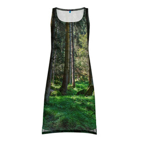 Платье-майка 3D с принтом Темный лес в Петрозаводске, 100% полиэстер | полуприлегающий силуэт, широкие бретели, круглый вырез горловины, удлиненный подол сзади. | бор | деревья | ель | ельник | заповедник | камни | красивый | лес | лето | мох | мрачный | прекрасный | природа | флора | чудесный