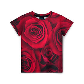 Детская футболка 3D с принтом Красные розы в Петрозаводске, 100% гипоаллергенный полиэфир | прямой крой, круглый вырез горловины, длина до линии бедер, чуть спущенное плечо, ткань немного тянется | 8 марта | букет | весна | дары флоры | женщине | красные | лепестки | лето | любовь | отношения | подарок | розы | романтика | флора | цветок | цветы