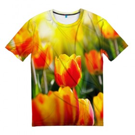 Мужская футболка 3D с принтом Тюльпаны в Петрозаводске, 100% полиэфир | прямой крой, круглый вырез горловины, длина до линии бедер | Тематика изображения на принте: 