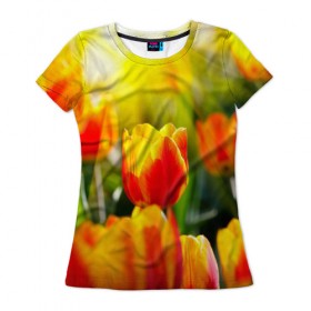 Женская футболка 3D с принтом Тюльпаны в Петрозаводске, 100% полиэфир ( синтетическое хлопкоподобное полотно) | прямой крой, круглый вырез горловины, длина до линии бедер | 