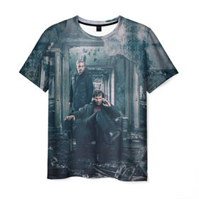 Мужская футболка 3D с принтом Шерлок и Ватсон в Петрозаводске, 100% полиэфир | прямой крой, круглый вырез горловины, длина до линии бедер | бенедикт кембербетч | ватсон | доктор ватсон | кино | сериалы | фильмы | шерлок | шерлок холмс