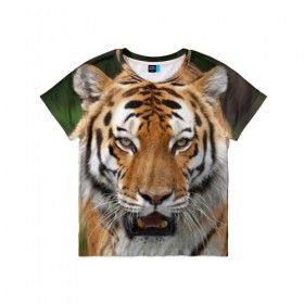 Детская футболка 3D с принтом Тигр в Петрозаводске, 100% гипоаллергенный полиэфир | прямой крой, круглый вырез горловины, длина до линии бедер, чуть спущенное плечо, ткань немного тянется | Тематика изображения на принте: дикая кошка | клыки | кошка | пасть | сафари | тигр | хищник
