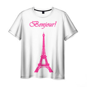 Мужская футболка 3D с принтом Bonjour в Петрозаводске, 100% полиэфир | прямой крой, круглый вырез горловины, длина до линии бедер | bonjour | france | hi | paris | the eiffel tower | tourism | башня | париж | привет | туризм | франция | эйфелева