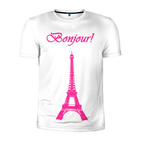 Мужская футболка 3D спортивная с принтом Bonjour в Петрозаводске, 100% полиэстер с улучшенными характеристиками | приталенный силуэт, круглая горловина, широкие плечи, сужается к линии бедра | bonjour | france | hi | paris | the eiffel tower | tourism | башня | париж | привет | туризм | франция | эйфелева
