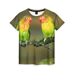 Женская футболка 3D с принтом Попугаи в Петрозаводске, 100% полиэфир ( синтетическое хлопкоподобное полотно) | прямой крой, круглый вырез горловины, длина до линии бедер | двое | классный | клюв | красивый | крылья | попугай | попугайчик | птица | птичка | радужный