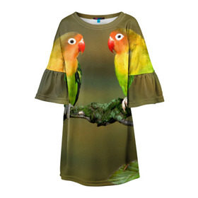 Детское платье 3D с принтом Попугаи в Петрозаводске, 100% полиэстер | прямой силуэт, чуть расширенный к низу. Круглая горловина, на рукавах — воланы | Тематика изображения на принте: двое | классный | клюв | красивый | крылья | попугай | попугайчик | птица | птичка | радужный