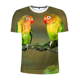 Мужская футболка 3D спортивная с принтом Попугаи в Петрозаводске, 100% полиэстер с улучшенными характеристиками | приталенный силуэт, круглая горловина, широкие плечи, сужается к линии бедра | двое | классный | клюв | красивый | крылья | попугай | попугайчик | птица | птичка | радужный
