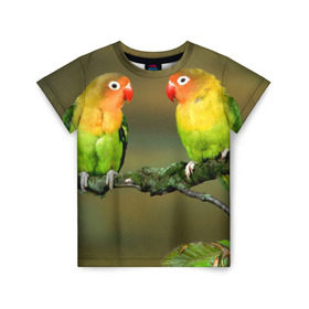 Детская футболка 3D с принтом Попугаи в Петрозаводске, 100% гипоаллергенный полиэфир | прямой крой, круглый вырез горловины, длина до линии бедер, чуть спущенное плечо, ткань немного тянется | двое | классный | клюв | красивый | крылья | попугай | попугайчик | птица | птичка | радужный