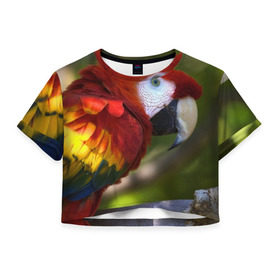 Женская футболка 3D укороченная с принтом Попугайчик в Петрозаводске, 100% полиэстер | круглая горловина, длина футболки до линии талии, рукава с отворотами | 