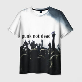 Мужская футболка 3D с принтом Punk not dead в Петрозаводске, 100% полиэфир | прямой крой, круглый вырез горловины, длина до линии бедер | punk not dead | бит | группа | драйв | дым | зал | концерт | музыка | надпись | панк | панк не умрет | панки | рок | слова | танцы | туман | тусовка | фраза | хой