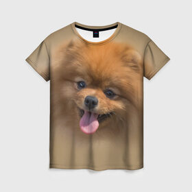 Женская футболка 3D с принтом Шпиц в Петрозаводске, 100% полиэфир ( синтетическое хлопкоподобное полотно) | прямой крой, круглый вырез горловины, длина до линии бедер | shpic | животные | мордочка | пёс | рыжий | собака | собачка | язык