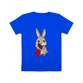 Детская футболка хлопок с принтом Любитель шоколада в Петрозаводске, 100% хлопок | круглый вырез горловины, полуприлегающий силуэт, длина до линии бедер | животные | заяц | кролик | пасха | шоколад | юмор