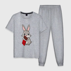 Мужская пижама хлопок с принтом Любитель шоколада в Петрозаводске, 100% хлопок | брюки и футболка прямого кроя, без карманов, на брюках мягкая резинка на поясе и по низу штанин
 | животные | заяц | кролик | пасха | шоколад | юмор