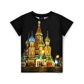 Детская футболка 3D с принтом Москва в Петрозаводске, 100% гипоаллергенный полиэфир | прямой крой, круглый вырез горловины, длина до линии бедер, чуть спущенное плечо, ткань немного тянется | kremlin | moscow | russia | город | кремль | москва | ночь | огни | река