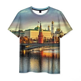Мужская футболка 3D с принтом Москва река в Петрозаводске, 100% полиэфир | прямой крой, круглый вырез горловины, длина до линии бедер | kremlin | moscow | russia | город | кремль | москва | ночь | огни | река