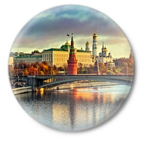 Значок с принтом Москва река в Петрозаводске,  металл | круглая форма, металлическая застежка в виде булавки | kremlin | moscow | russia | город | кремль | москва | ночь | огни | река