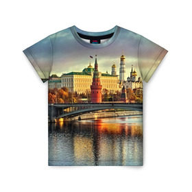 Детская футболка 3D с принтом Москва река в Петрозаводске, 100% гипоаллергенный полиэфир | прямой крой, круглый вырез горловины, длина до линии бедер, чуть спущенное плечо, ткань немного тянется | kremlin | moscow | russia | город | кремль | москва | ночь | огни | река
