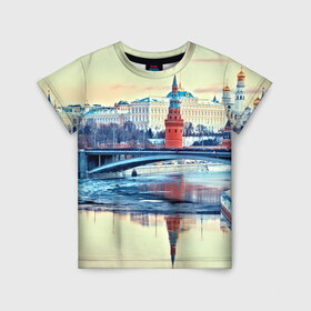 Детская футболка 3D с принтом Река Москва в Петрозаводске, 100% гипоаллергенный полиэфир | прямой крой, круглый вырез горловины, длина до линии бедер, чуть спущенное плечо, ткань немного тянется | kremlin | moscow | russia | город | кремль | москва | ночь | огни | река