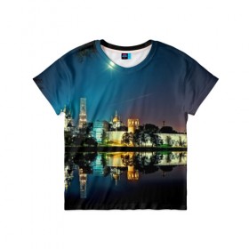 Детская футболка 3D с принтом Ночная Москва в Петрозаводске, 100% гипоаллергенный полиэфир | прямой крой, круглый вырез горловины, длина до линии бедер, чуть спущенное плечо, ткань немного тянется | kremlin | moscow | russia | город | кремль | москва | ночной город | ночь | огни | река