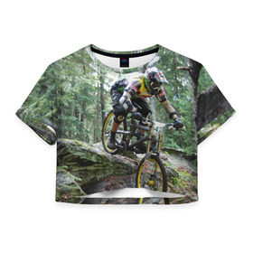 Женская футболка 3D укороченная с принтом Велоспорт гонка в Петрозаводске, 100% полиэстер | круглая горловина, длина футболки до линии талии, рукава с отворотами | велик | велосипед | гонка | горы | деревья | железный конь | колесо | лес | лисапед | природа | ровер | спорт | спортсмен | стальной конь | тандем | трицикл | шлем