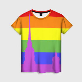 Женская футболка 3D с принтом Радужный флаг в Петрозаводске, 100% полиэфир ( синтетическое хлопкоподобное полотно) | прямой крой, круглый вырез горловины, длина до линии бедер | город | любовь | отношения | радуга | сердце | сталица | флаг