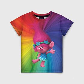 Детская футболка 3D с принтом Розочка тролли в Петрозаводске, 100% гипоаллергенный полиэфир | прямой крой, круглый вырез горловины, длина до линии бедер, чуть спущенное плечо, ткань немного тянется | trolls | детям | мультик | мультики | мультфильм | мультфильмы | радуга | разноцветные | разные цвета | розочка | тролли | тролль | цветные