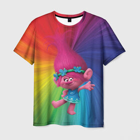 Мужская футболка 3D с принтом Розочка тролли в Петрозаводске, 100% полиэфир | прямой крой, круглый вырез горловины, длина до линии бедер | trolls | детям | мультик | мультики | мультфильм | мультфильмы | радуга | разноцветные | разные цвета | розочка | тролли | тролль | цветные