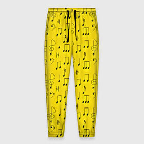 Мужские брюки 3D с принтом Ноты в Петрозаводске, 100% полиэстер | манжеты по низу, эластичный пояс регулируется шнурком, по бокам два кармана без застежек, внутренняя часть кармана из мелкой сетки | Тематика изображения на принте: желтый | музыка