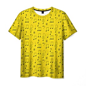 Мужская футболка 3D с принтом Ноты в Петрозаводске, 100% полиэфир | прямой крой, круглый вырез горловины, длина до линии бедер | желтый | музыка
