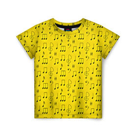 Детская футболка 3D с принтом Ноты в Петрозаводске, 100% гипоаллергенный полиэфир | прямой крой, круглый вырез горловины, длина до линии бедер, чуть спущенное плечо, ткань немного тянется | желтый | музыка